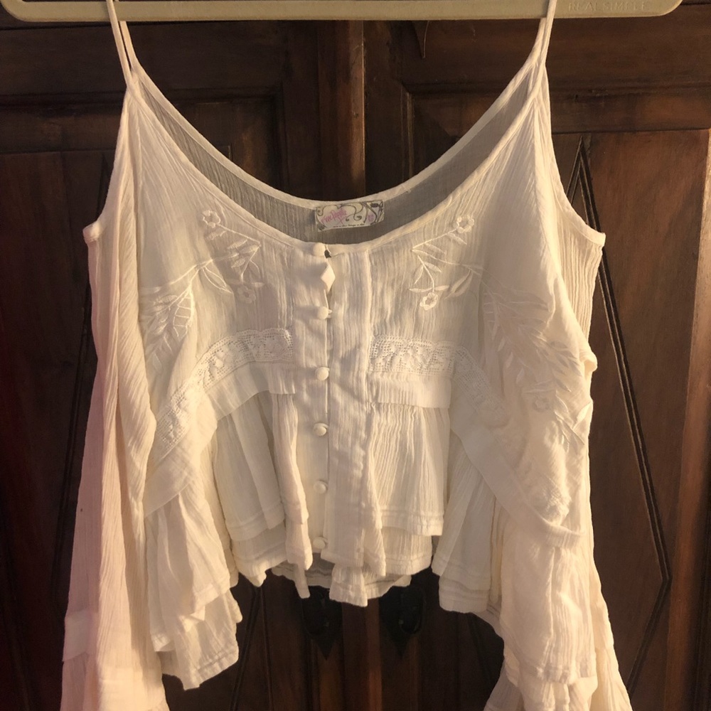Open Shoulder Cropped Long Sleeve Boho Top